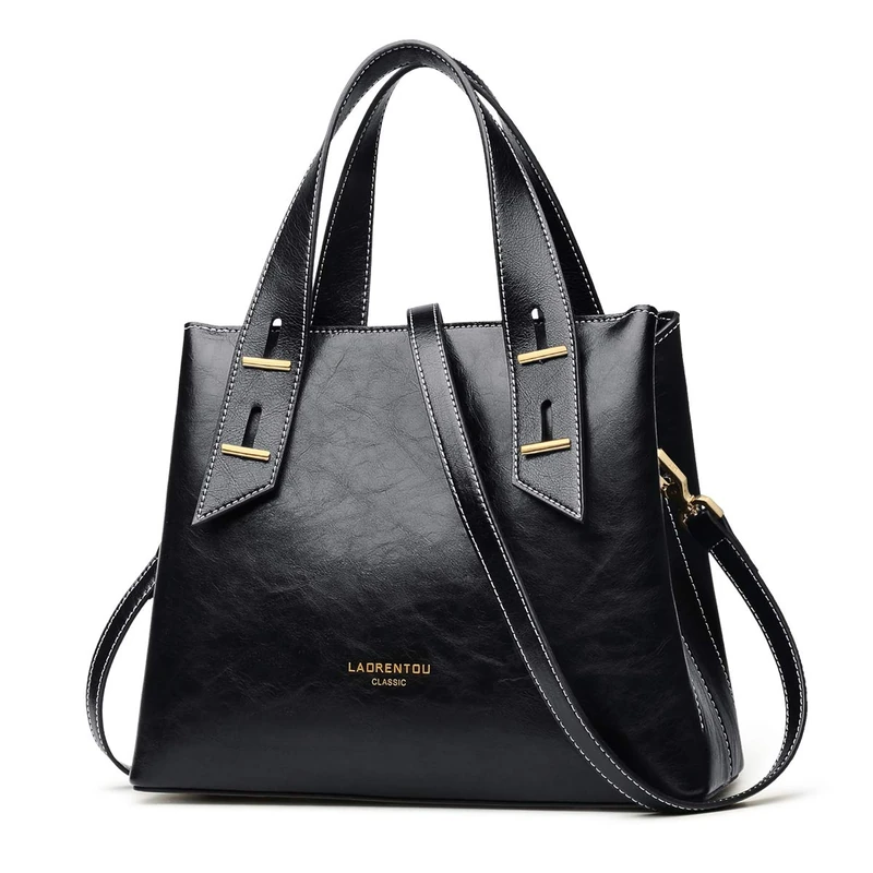 LAORENTOU Women Roomy Cowhide Leather Tote Classy Handbags Shoulder Bag Black Size: One size