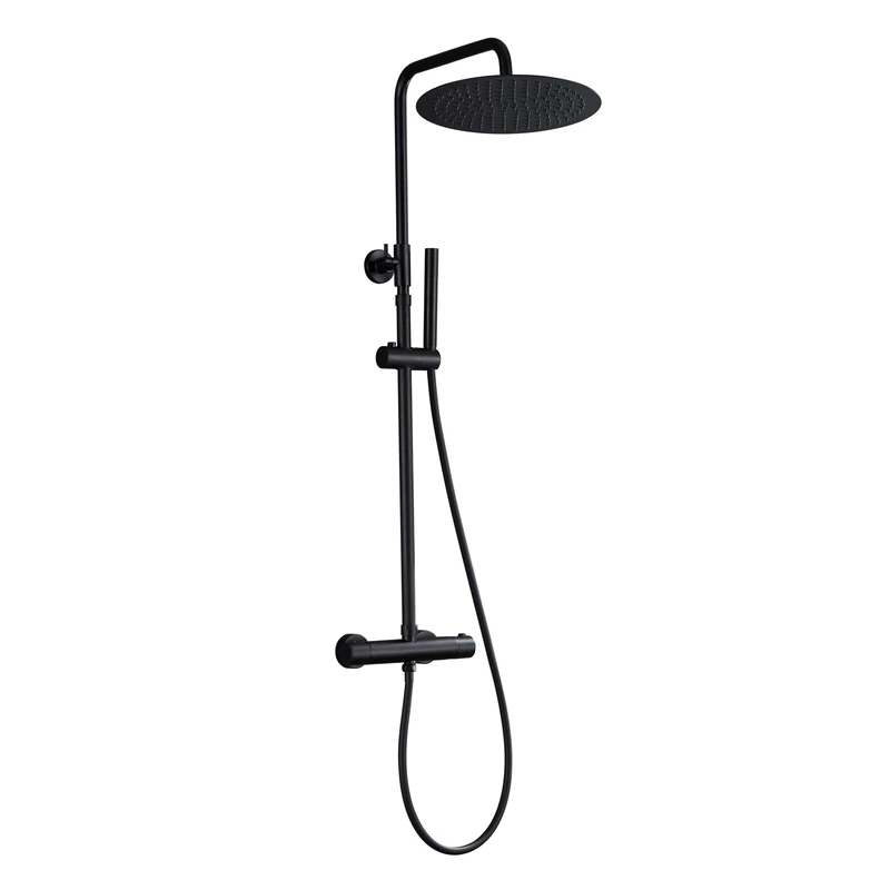 JOHO Shower System Shower Mixer Set in SUS 304 with Bathroom Thermostatic Valve Anti Scald 38℃ Shower Bar Bracket Adjustable Height and Rainfall Shower Head Angle Adjustable Black D30cm.