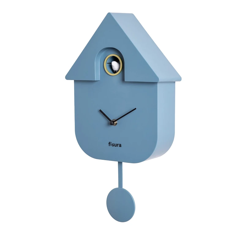Fisura - Blue and white cuckoo clock. Wall cuckoo clock original. 3 AA batteries not included. Dimensions: 21.5 x 8 x 41.5 cm. Material: ABS plastic.