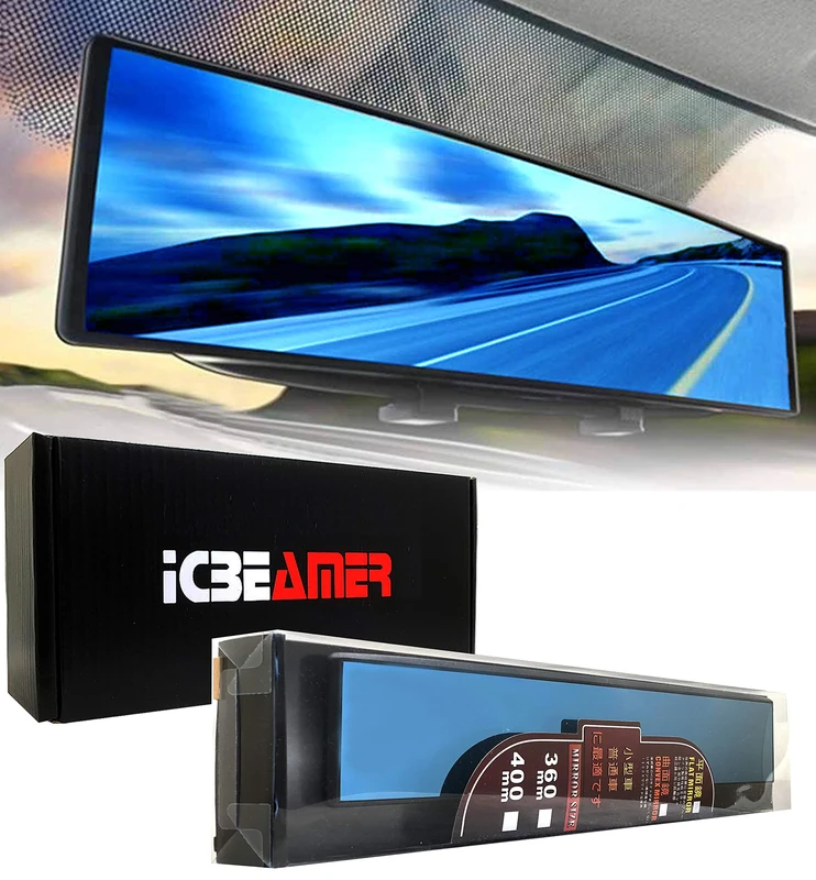 ICBEAMER 15.8" 400mm Easy Clip on Universal Fit Wide Angle Panoramic Auto Interior Rearview Mirror Flat Blue Surface