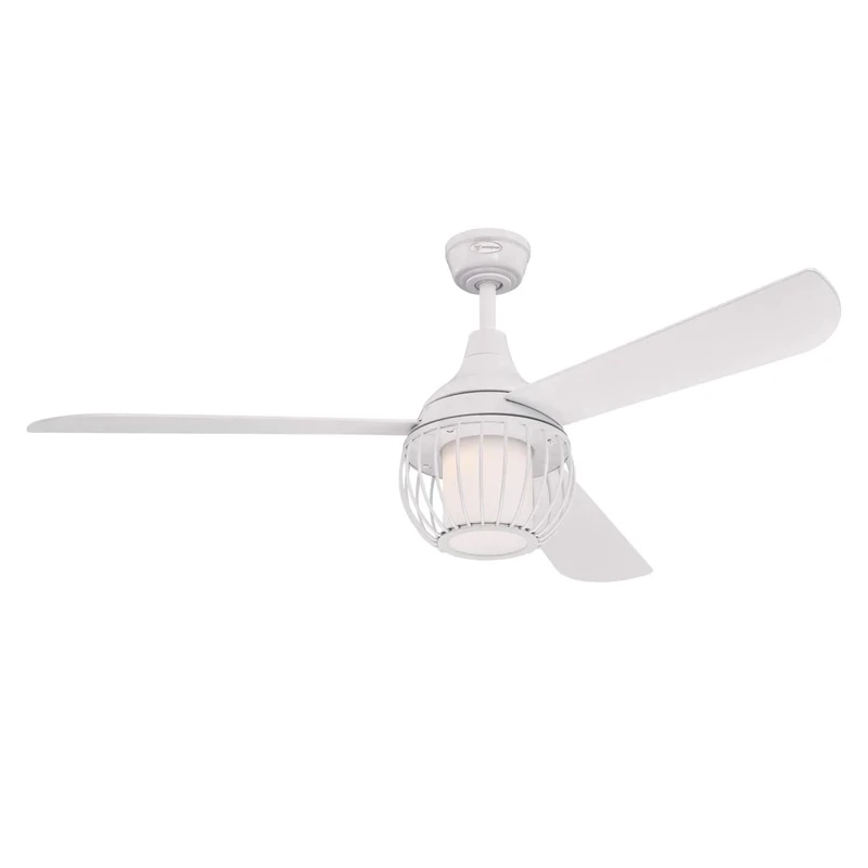 72207 Graham 132 cm White Indoor Ceiling Fan, Dimmable LED Light Kit with Opal Frosted Glass and Cage Shade, Remote Control Included