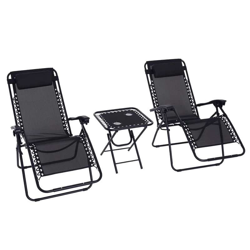 Outsunny Folding Zero Gravity Chairs, 3 Pieces Adjustable Sun Lounger and Table Set with Cup Holder and Headrest, Patio Bistro Set with Reclining Garden Chairs for Outdoor, Black