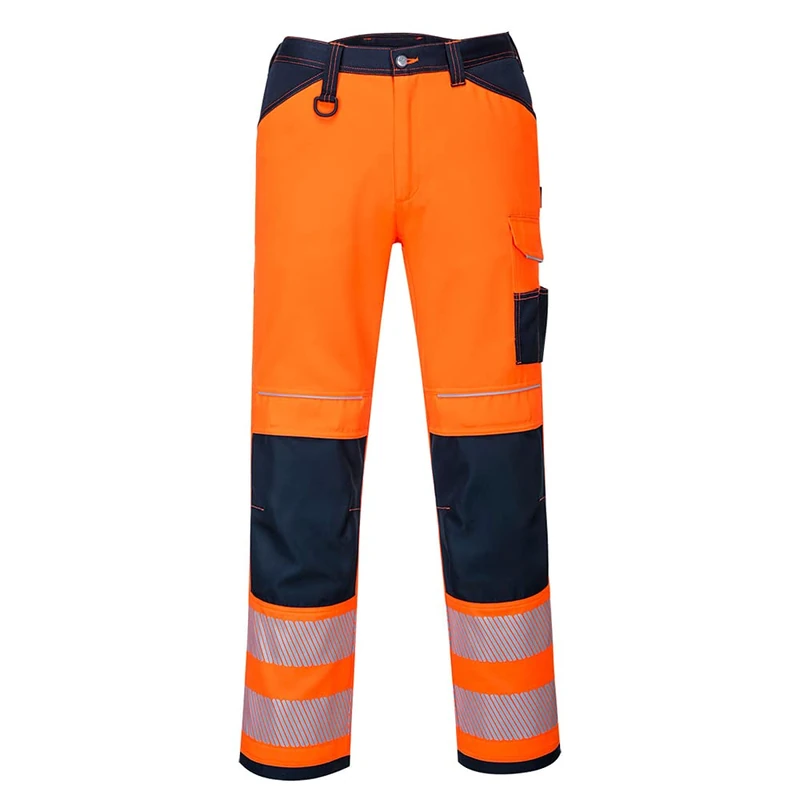 Portwest PW340 PW3 Men's Hi-Vis Cargo Work Trousers with Knee Pads and Pockets - Reflective High Viz Outdoor Safety Workwear, Orange/Navy, 33