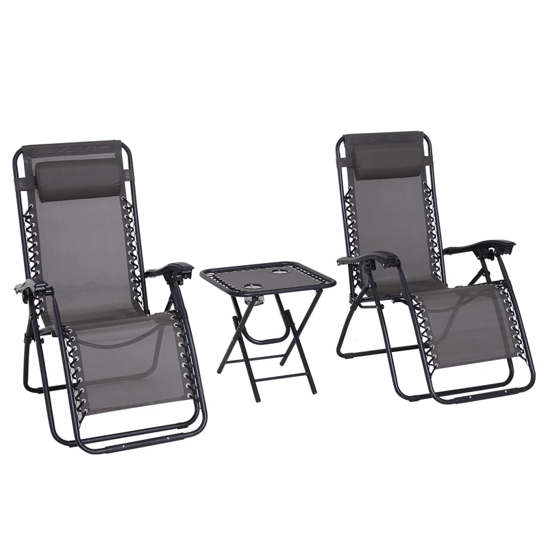Outsunny Folding Zero Gravity Chairs, 3 Pieces Adjustable Sun Lounger and Table Set with Cup Holder and Headrest, Patio Bistro Set with Reclining Garden Chairs for Outdoor, Dark Grey