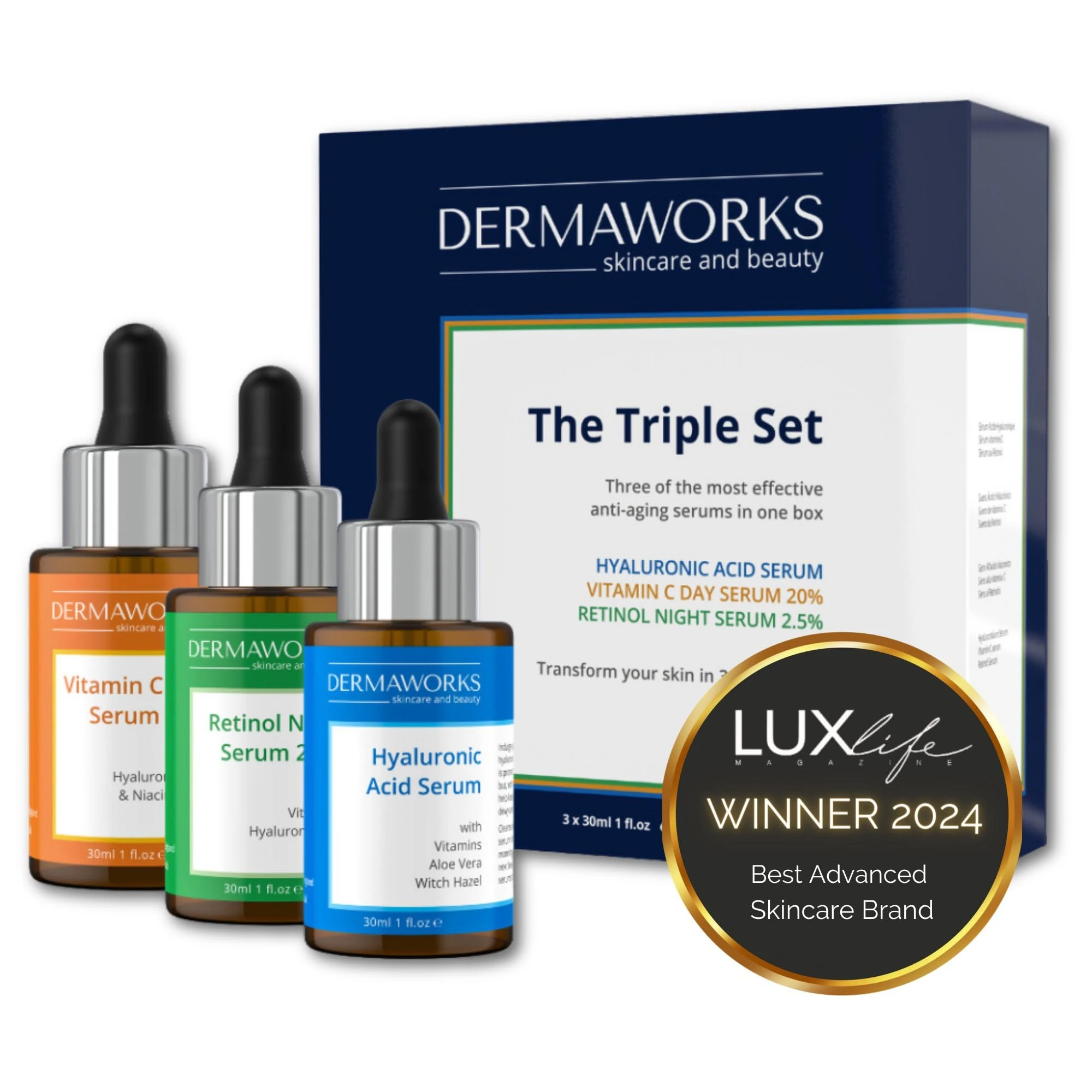 FACE SERUM SKINCARE SET - 3 Powerful Anti Aging Face Serums - Vitamin C with Niacinamide + Retinol with Vitamin E + Hyaluronic Acid Hydrating Serum - Skin Care Set Gift for Women & Men by DERMAWORKS