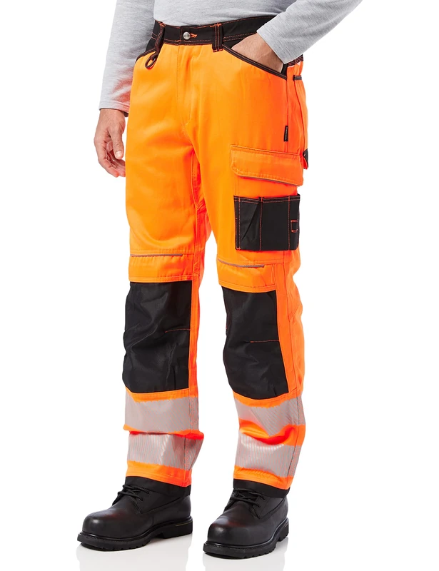 Portwest PW340 PW3 Men's Hi-Vis Cargo Work Trousers with Knee Pads and Pockets - Reflective High Viz Outdoor Safety Workwear, Orange/Black, 40
