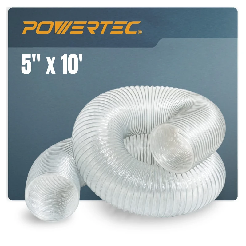 POWERTEC 70255 Anti-Static Dust Collection Hose (5 Inch x 10 Foot) | Right Spiral Flexible PVC Hose