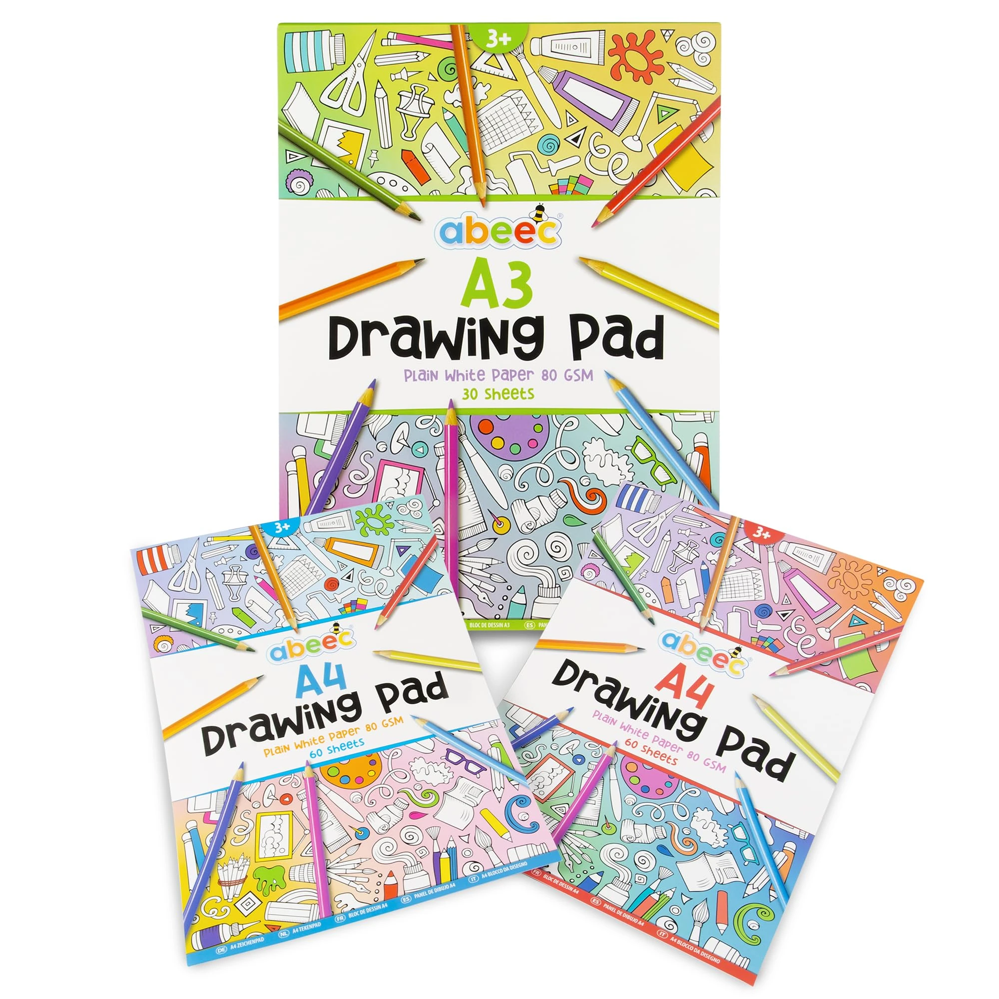 abeec 3 Drawing Pads for Children - (3 Pack) Includes 2 x A4 Plain Sketch Pads and 1 x A3 Plain Sketch Book - 150 Sheets in Total of Drawing Paper Perfect for Arts and Craft Activities