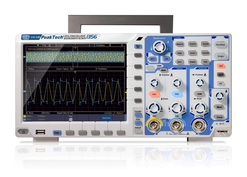 PeakTech P 1356 – 2-Channel "All-in-One" Storage Oscilloscope 60 MHz - Max. 1 GS/S and 12-bit A/D, USB, LAN and 8" Touch Screen TFT Colour Display, Memory Depth 40 Million Points, Fft and Xy Mode