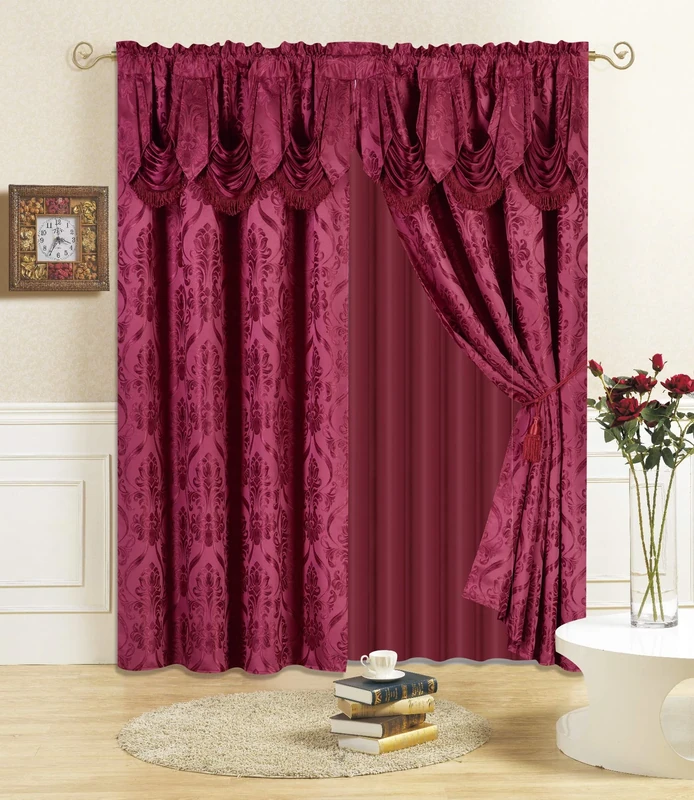All American Collection New 4 Piece Drape Set with Attached Valance and Sheer with 2 Tie Backs Included (63" Length, Burgundy)