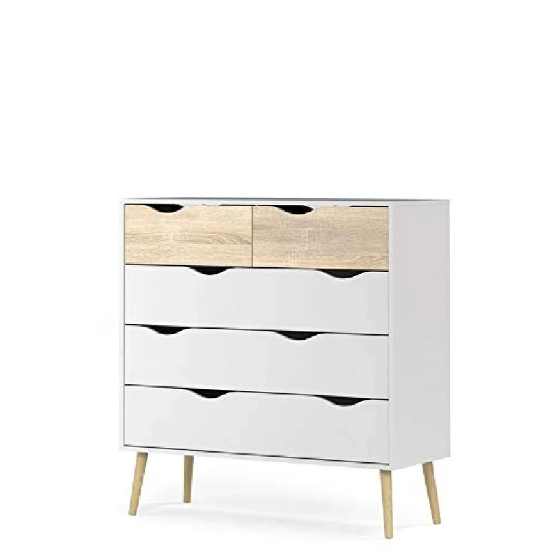 Dmora - Chest of drawers with five drawers, white and oak, Measures 98 x 100 x 39 cm