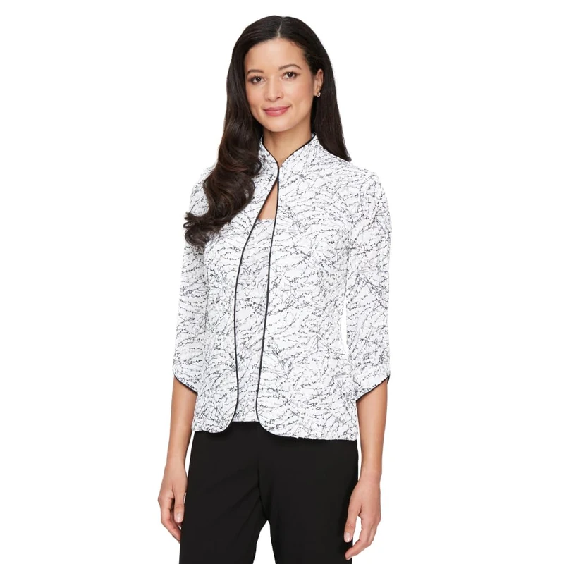 Alex Evenings Women's Mandarin Neck Twinset Tank Top and Jacket Regular Dress Shirt, White/Black Petite, Medium