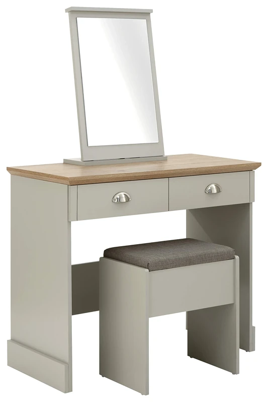 GFW Kendal Dressing Table Set with Cushioned Stool and Mirror For Bedroom, Modern Dresser Vanity Desk With 20L Storage Drawers For Make Up, Hairdressing & Getting Ready, Grey & Oak, W90 x D45 x 13.5cm