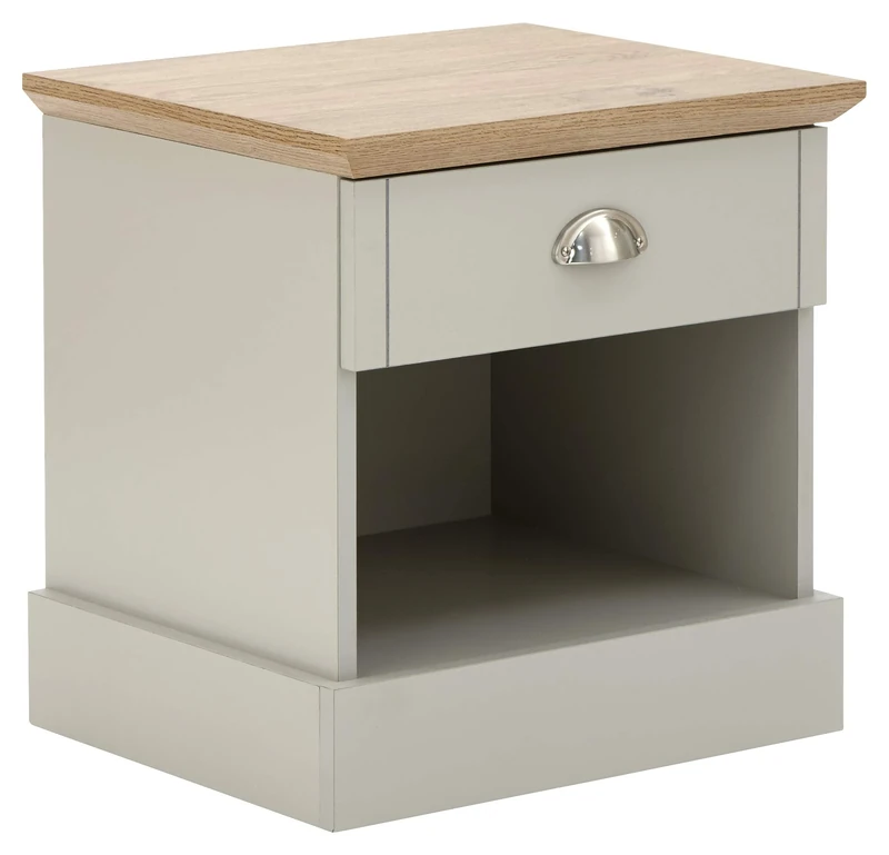 GFW Kendal Bedside Table Cabinet with 1 Drawer & Storage Shelf, Modern Bedroom Side Table With Contrast Oak Top, Quick Easy Assembly Flat Pack Bedroom Furniture, Grey/Oak, H47 x W45 x D39cm