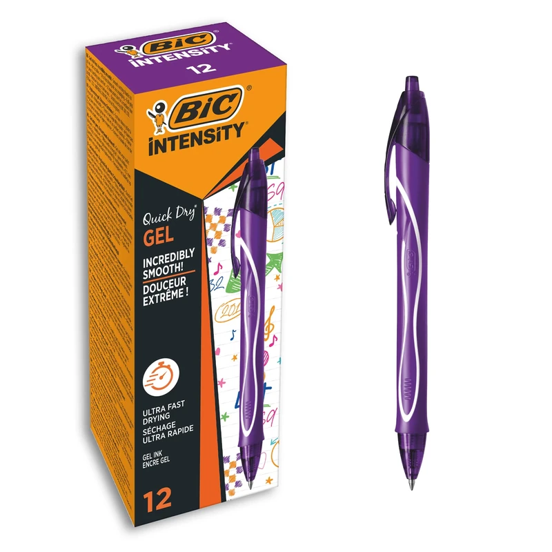 BIC Gel-ocity Quick Dry Gel Pens, Medium Point (0.7 mm), Purple, Box of 12, Retractable Pen with Ultra Fast Drying Ink