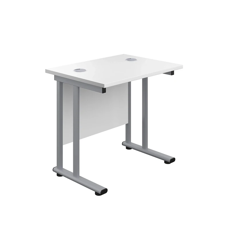 Office Hippo Heavy Duty Rectangular Cantilever Office Desk, Home Office Desk, Office Table, Integrated Cable Ports, PC Desk For Office or Home, 5 Yr Wty - Silver Frame/White Top, 80cm x 60cm