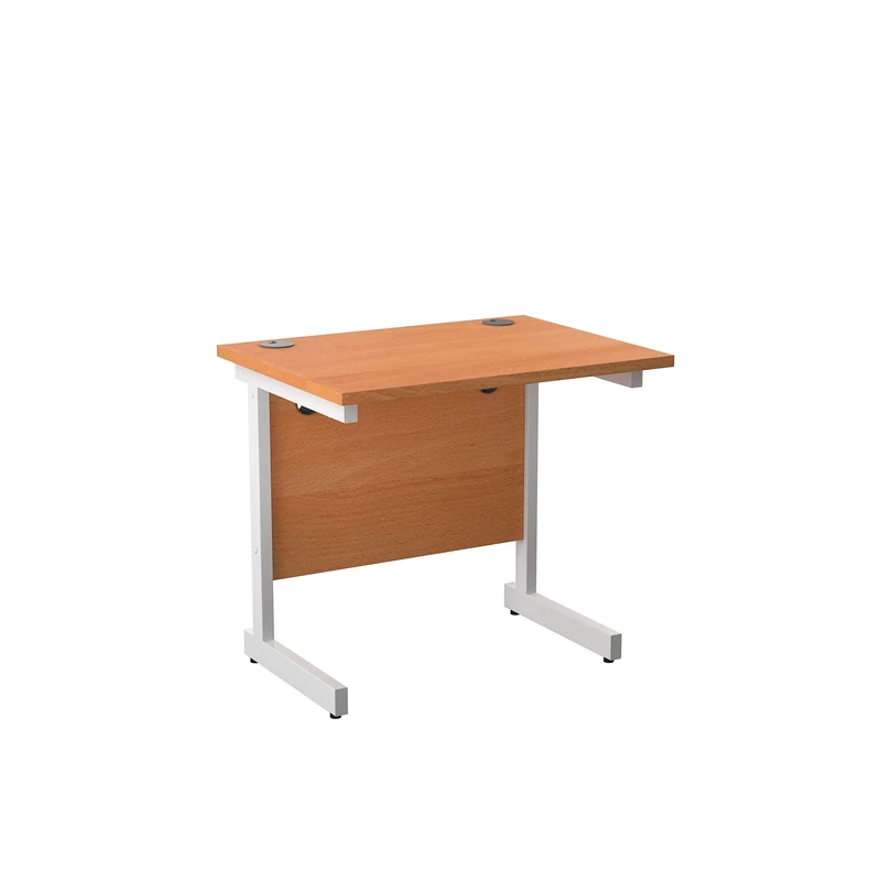 Office Hippo Heavy Duty Rectangular Cantilever Desk, Home Office Table With Integrated Cable Ports, PC Desk for Home or Office, 5 Yr Warranty - White Frame/Beech Top, 80cm x 60cm