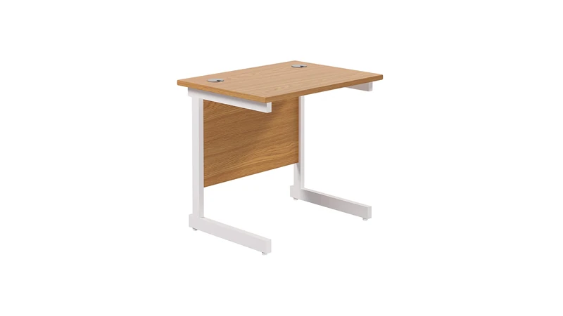 Office Hippo Heavy Duty Rectangular Cantilever Desk + Integrated Cable Ports, Home or Office Use, 5 Yr Warranty - White Frame/Oak Top, 80cm x 60cm