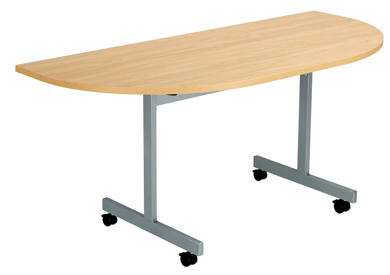 Office Hippo D-End Office Table, Sturdy & Stylish Tilting Table Desk, Work Table For Home Office, Versatile Desk Table For Meeting Room or Boardroom - 5 Yr Guarantee - Oak / Silver