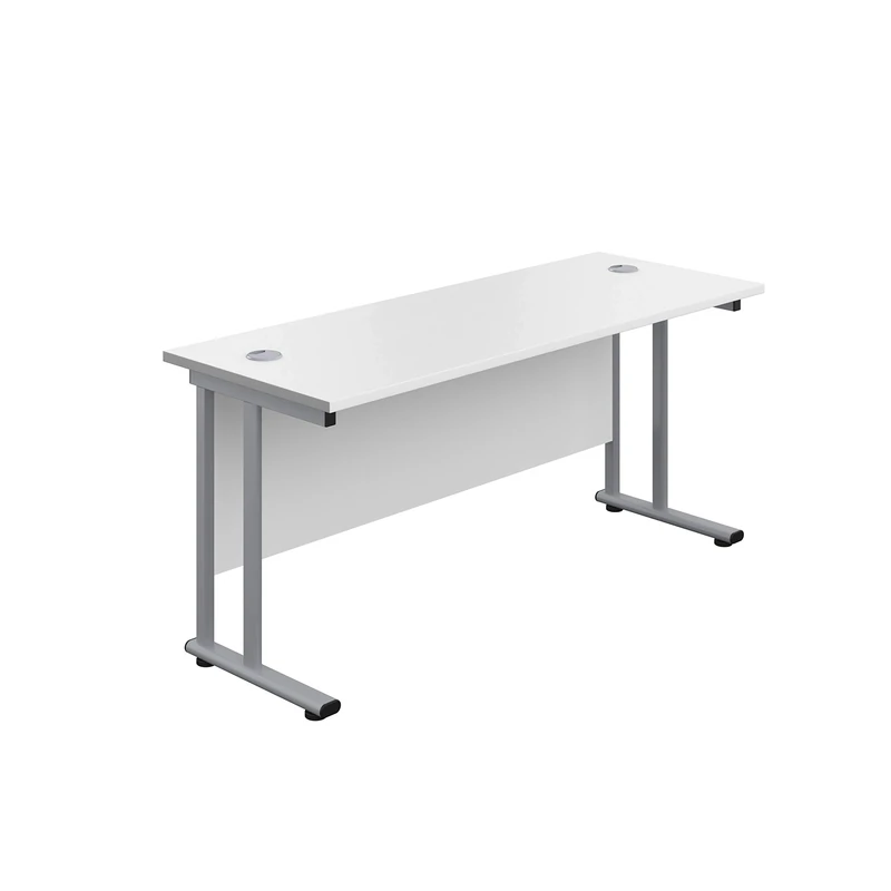 Office Hippo Heavy Duty Rectangular Cantilever Office Desk, Home Office Desk, Office Table, Integrated Cable Ports, PC Desk For Office or Home, 5 Yr Wty - Silver Frame/White Top, 180cm x 60cm