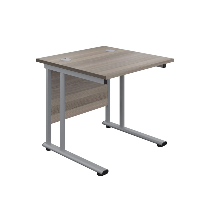 Office Hippo Heavy Duty Rectangular Cantilever Office Desk, Home Office Desk, Office Table, Integrated Cable Ports, PC Desk For Office or Home, 5 Yr Wty - Silver Frame/Grey Oak Top, 80cm x 80cm