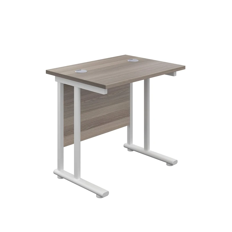 Office Hippo Heavy Duty Rectangular Desk, White Frame/Grey Oak Top, Integrated Cable Ports, 80x60 cm, 80kg Capacity