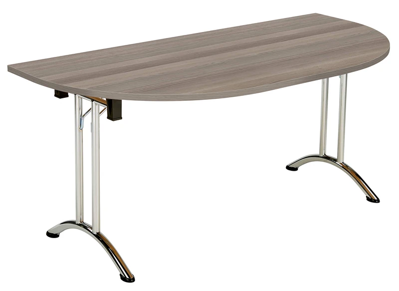 Office Hippo D-End Office Table, Sturdy & Stylish Folding Table Desk, Work Table For Home Office, Versatile Foldable Table For Meeting Room or Boardroom, 5 Year Guarantee - Grey Oak / Chrome