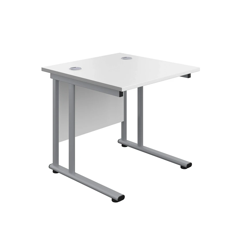 Office Hippo Heavy Duty Rectangular Cantilever Office Desk, Home Office Desk, Office Table, Integrated Cable Ports, PC Desk For Office or Home, 5 Yr Wty - Silver Frame/White Top, 80cm x 80cm