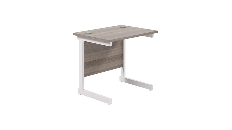 Office Hippo Heavy Duty Rectangular Cantilever Desk, Home Office Table With Integrated Cable Ports, PC Desk for Work or Home, 5 Yr Warranty - White Frame/Grey Oak Top, 80cm x 60cm