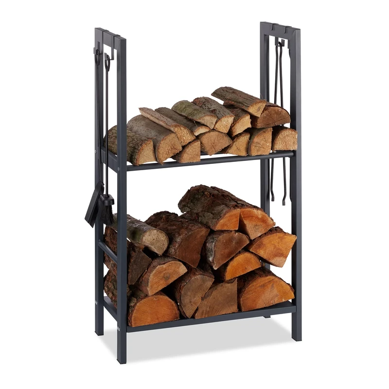 Relaxdays 2-Tier Firewood Rack, Steel Wood Pile Shelf, 4 Hooks For Fireplace Tools, 100x60x30 cm, Anthracite