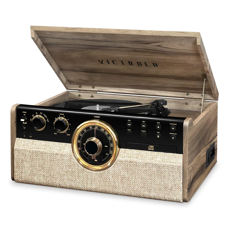 Victrola Empire 6-in-1 Wood Mid Century Modern Bluetooth Record Player with 3-Speed Turntable, CD, Cassette Player and Radio | Farmhouse Walnut | VTA-270B-FNT-INT