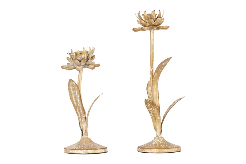 Creative Co-Op Cut Metal Flower Shaped Taper Distressed Gold Finish (Set of 2 Sizes) Candle Holder