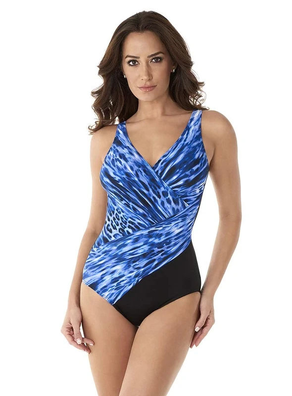 Miraclesuit Women's Swimwear Lynx Lazuli Oceanus Wrap Style V-Neckline Tummy Control One Piece Swimsuit