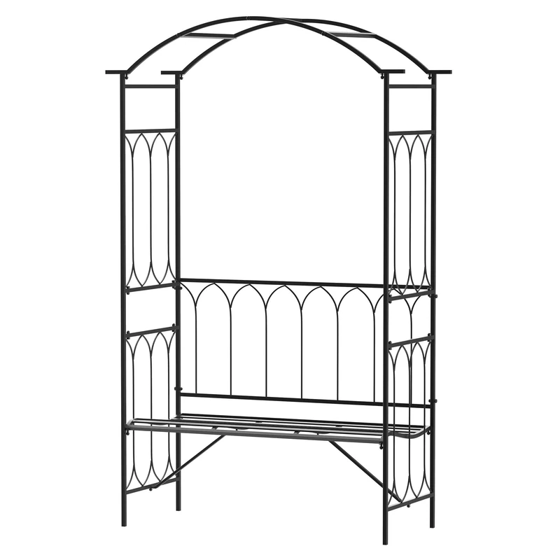 Outsunny Garden Metal Arch Bench Outdoor 2-Seater Chair, Patio Rose Trellis Arbour Pergola for Climbing Plant Vintage Classic Black 115L x 50W x 203H cm