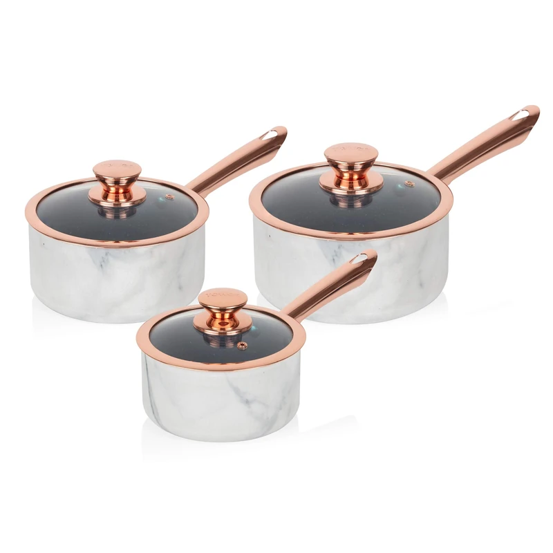 Tower T800061WR 3 Piece Saucepan Set with Infinistone Non-Stick, Tempered Glass Lids, Stainless Steel Handles, 16/18/20 cm, White Marble and Rose Gold, 3 Piece Set