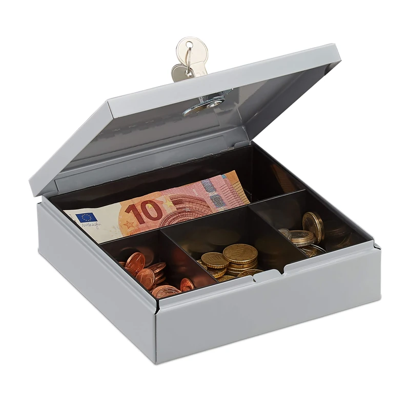 Relaxdays Locking Cash Box with Coin Tray, Money Box with 2 Keys, Metal Case, WxD: 17 x 17 cm, Grey