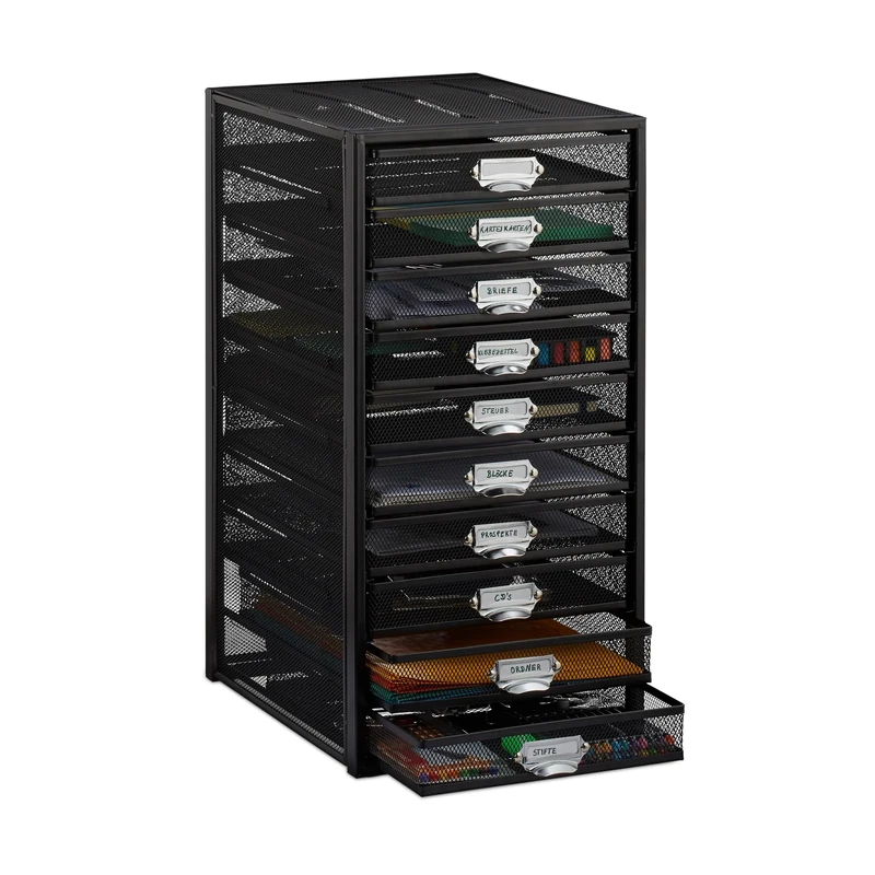 Relaxdays Desk Organiser, 10 Drawers for DIN A4 Files, Letter Tray and Paper Sorter, Mini Chest of Drawers, Black