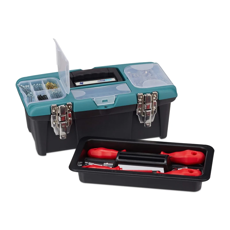 Relaxdays Empty Tool Box with Carry Handle Plastic Lockable Tool Box HBT 13 x 33 x 18 cm Black/Green