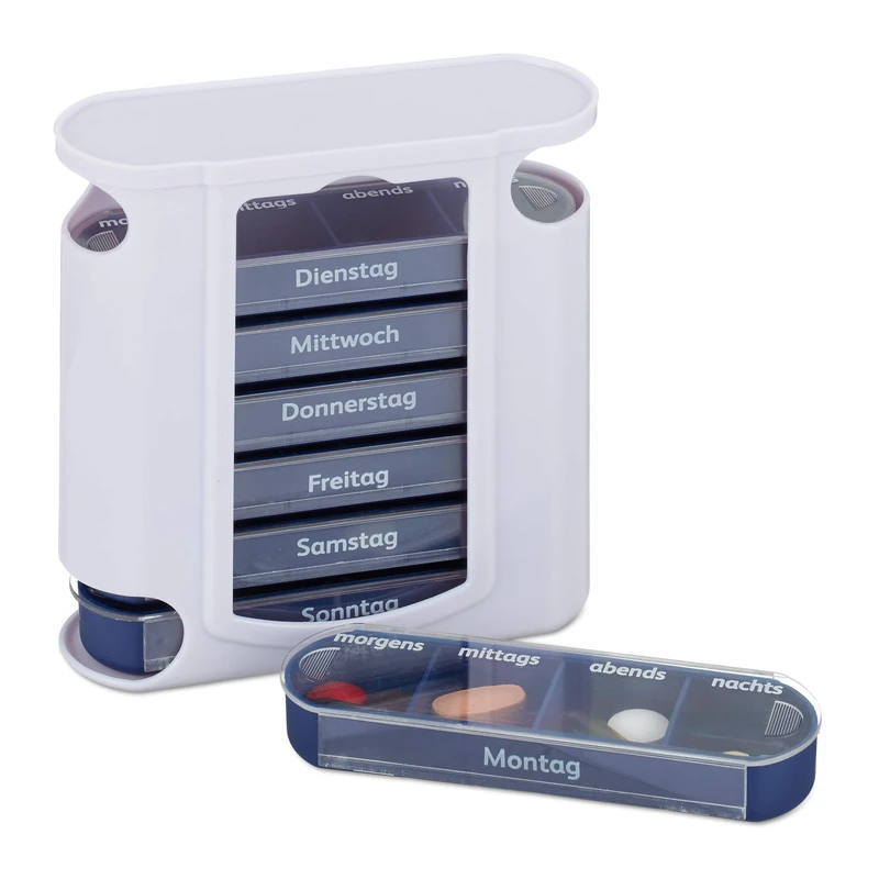 Relaxdays 7-Day Pill Organiser, Weekly Medicine Box, 4 Compartments, Morning, Noon, Evening, Night, White/Blue - Image 1