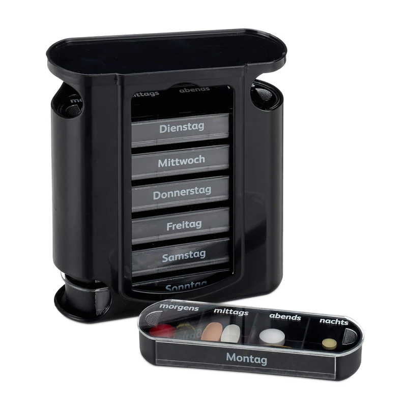 Relaxdays 7-Day Pill Organiser, Weekly Medicine Box, 4 Compartments, Morning, Noon, Evening, Night, Black, 13 x 11.5 x 4.5 cm