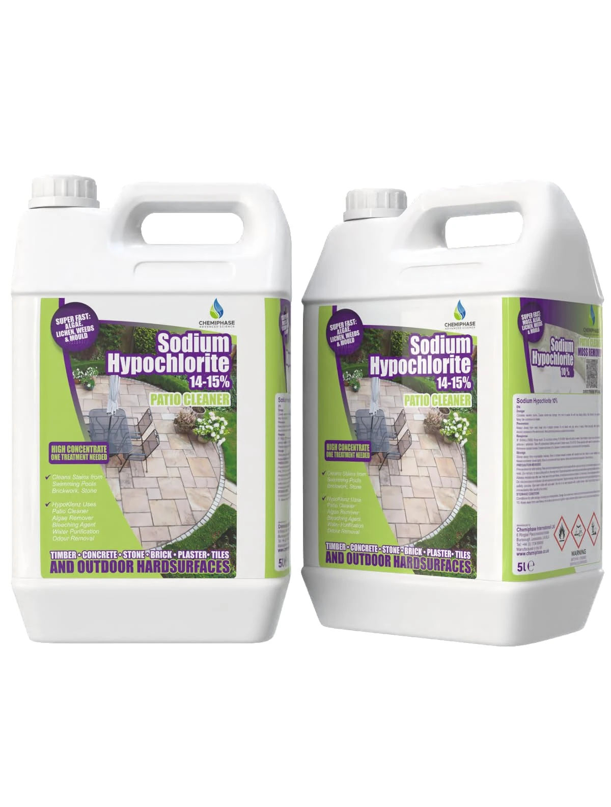 Sodium Hypochlorite Patio Cleaner – 2 x 5 Litres of Industrial-Strength Algae & Black Spot Remover – Powerful Driveway & Paving Cleaner – Professional Outdoor Cleaning Solution for Concrete