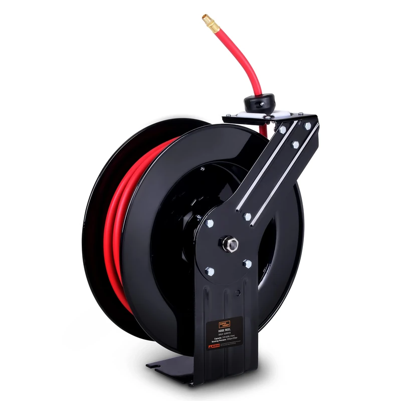 SuperHandy Air Hose Reel Retractable 3/8" x15m (50ft) with 1/4" BSPT Connections Premium Commercial Flex Hybrid Polymer Hose Spring Driven Steel Construction Ultra Heavy Duty for Indoor & Outdoor