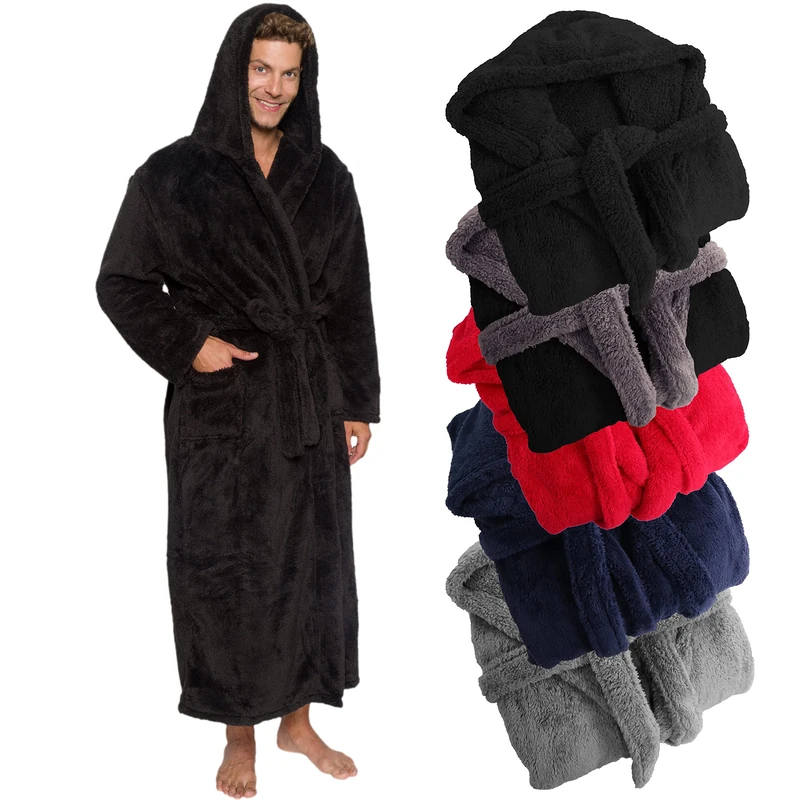 Ross Michaels Mens Luxury 400gsm Hooded Long Robe - Full Length Plush Big & Tall Bathrobe - Black - XXX-Large