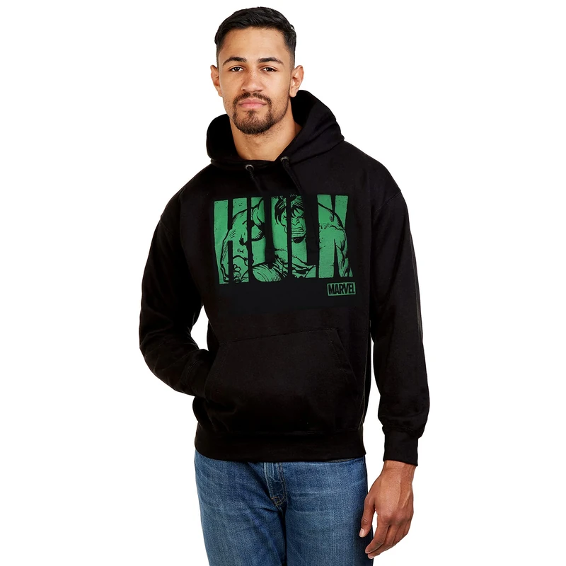 Marvel Men's Hulk Text Hoodie, Black (Black Blk), L UK