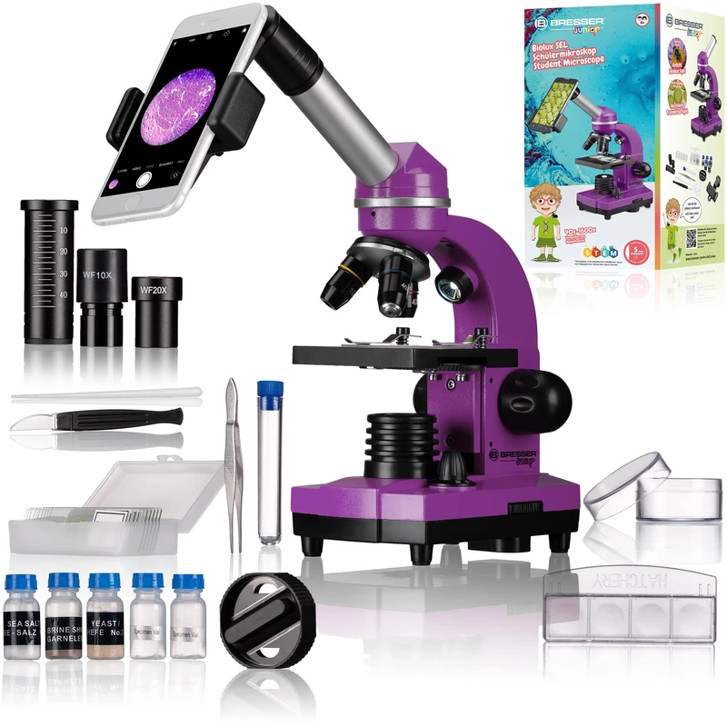 Bresser Biolux SEL Junior Student Microscope with Smartphone Holder, Extensive Accessories and Barlow Zoom System for Children, Beginners and Adults