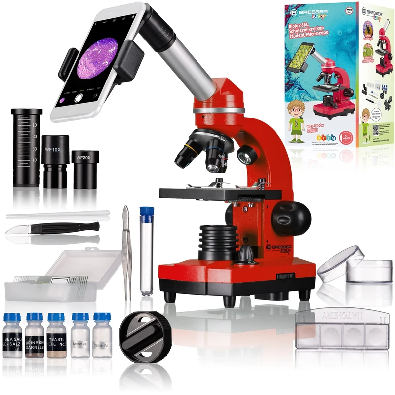Bresser Biolux SEL Junior Student Microscope with Smartphone Holder, Extensive Accessories and Barlow Zoom System for Children, Beginners and Adults