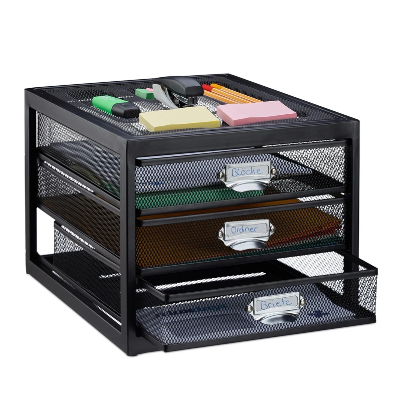 Relaxdays Desk Organiser, 3 Drawers for DIN A4 Files, Letter Tray and Paper Sorter, Mini Chest of Drawers, Black