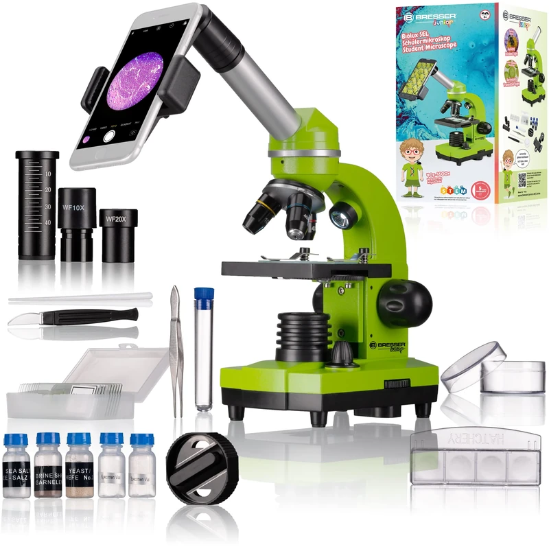 Bresser Biolux SEL Junior Student Microscope with Smartphone Holder, Extensive Accessories and Barlow Zoom System for Children, Beginners and Adults