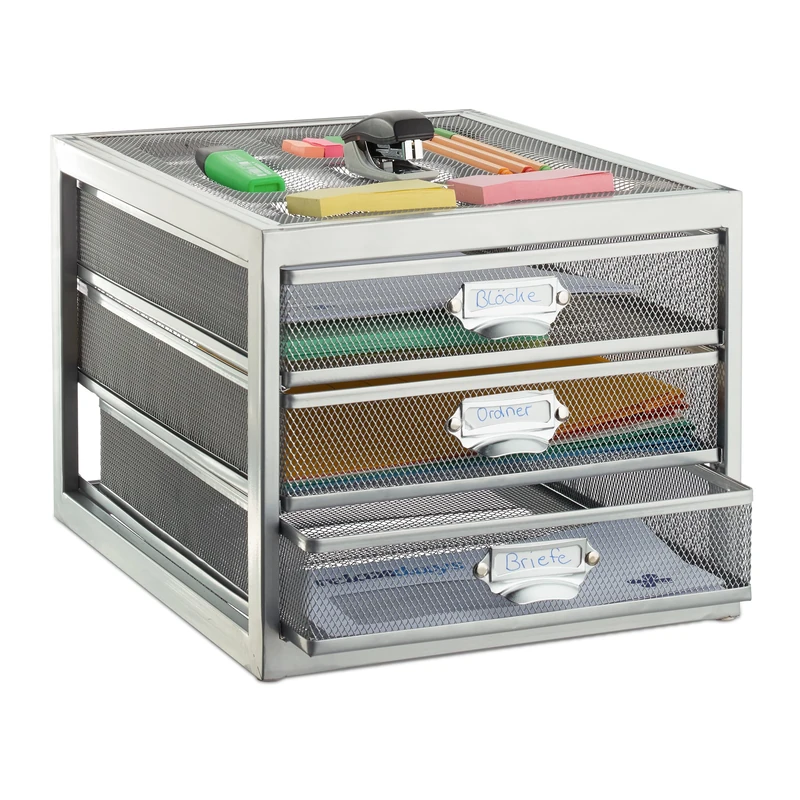 Relaxdays Desk Organiser, 3 Drawers for DIN A4 Files, Letter Tray and Paper Sorter, Mini Chest of Drawers, Silver