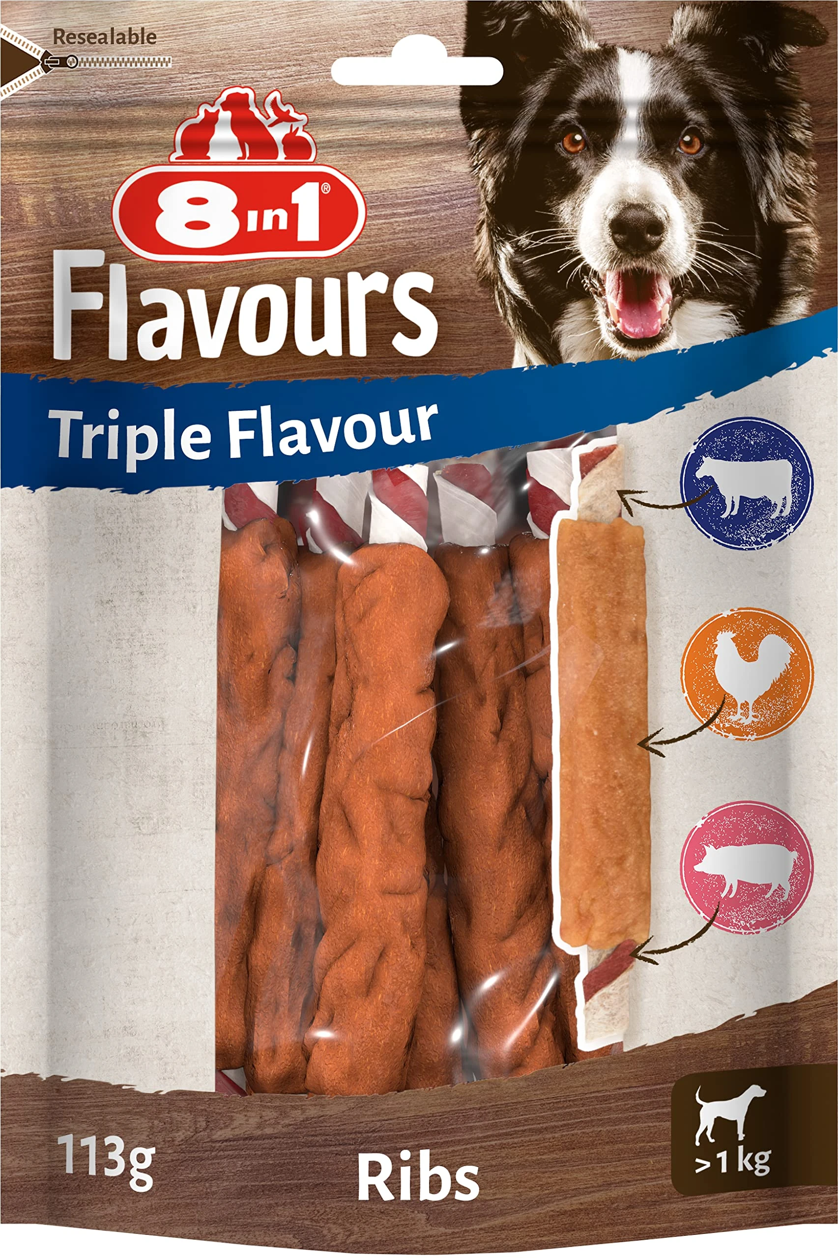 8in1 Triple Flavour Ribs chew sticks for dogs - extra-meaty chew snacks, 113g bag (approx. 6 pieces)